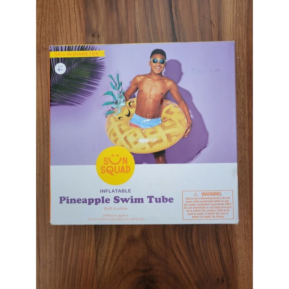 Sun Squad Inflatable Pineapple Swim Tube with Built in Pillow